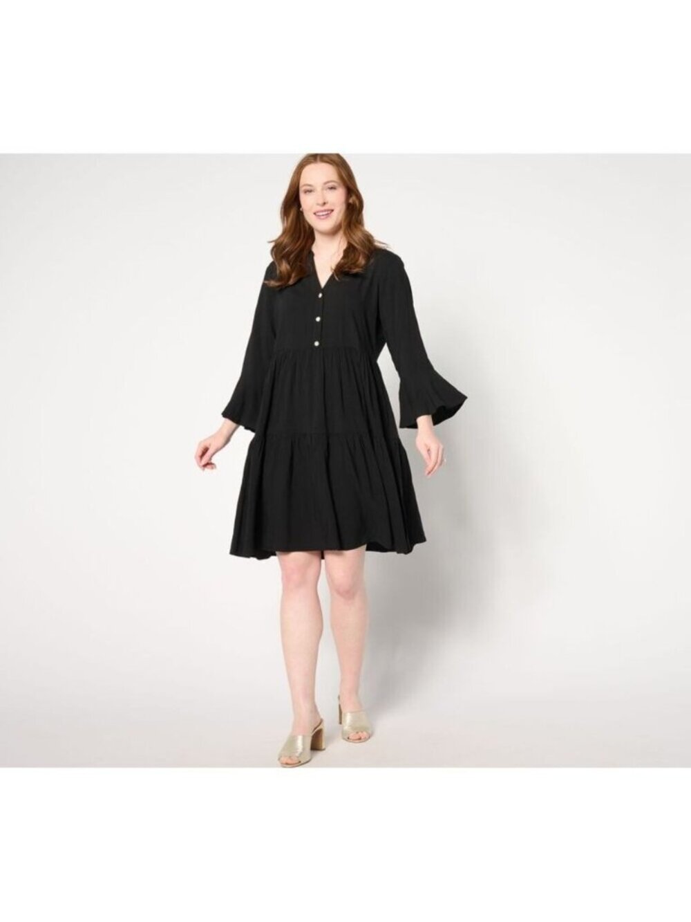 Susan Graver Women Dress Sz 2X Plus Passport Woven Tiered Black A647468
